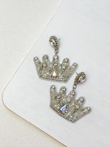 Beaded Crown Statement Earrings - Silver