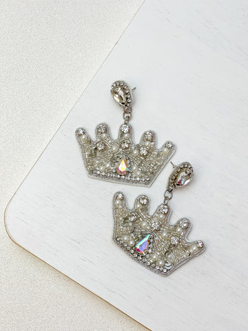Beaded Crown Statement Earrings - Silver