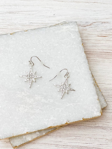 Rhinestone North Star Dangle Earrings - Silver