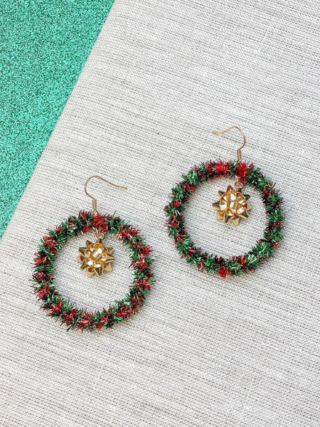 Gold Bow Tinsel Wreath Dangle Earrings