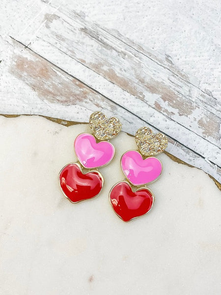 Triple Heart Enamel Dangle Earrings