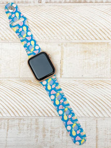 Blue Tropical Printed Silicone Smart Watch Band - S/M