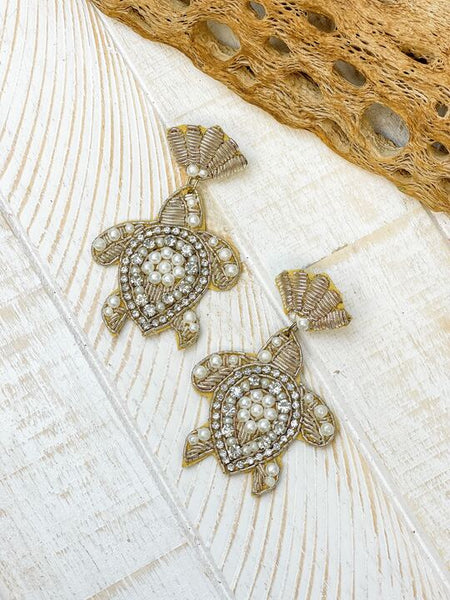 Pearl Turtle Beaded Dangle Earrings