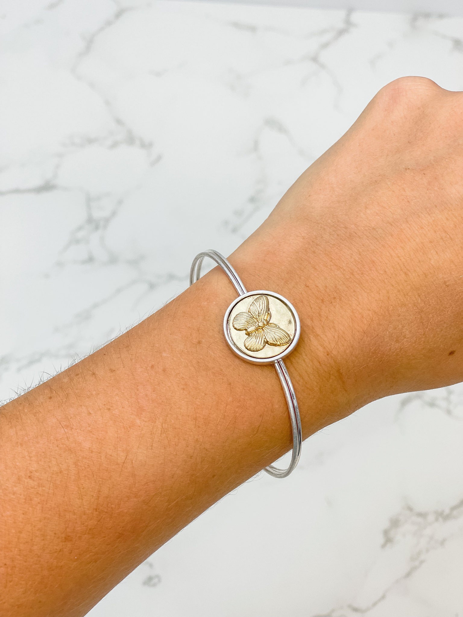 Two Tone Butterfly Bangle Bracelet