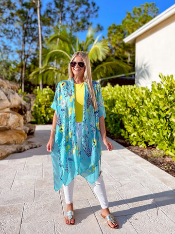Vintage Floral Open Front Kimono - Turquoise