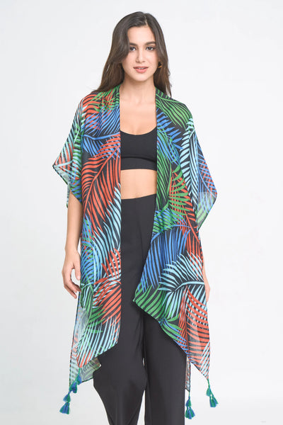 Palm Leaf Print Kimono - Black