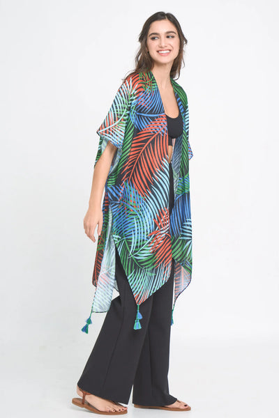 Palm Leaf Print Kimono - Black