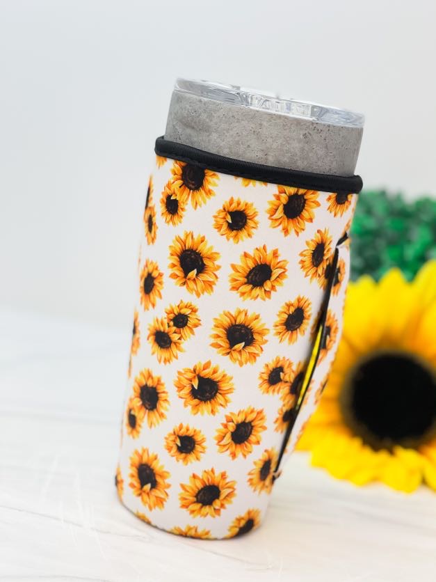 Insulated Cold Cup Sleeve with Handle - White Sunflower