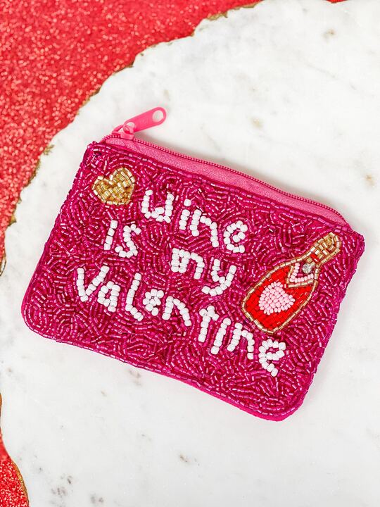 'Wine Is My Valentine' Pink Beaded Zip Pouch