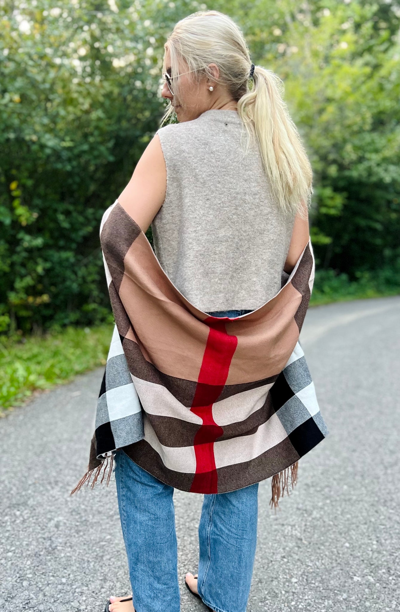 Beige Plaid Fringe Shrug