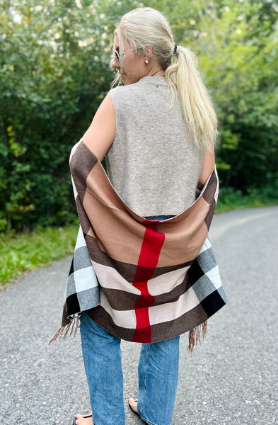Beige Plaid Fringe Shrug