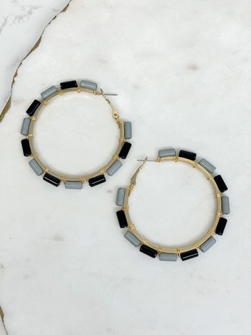 Block Bead Gold Hoop Earrings - Black