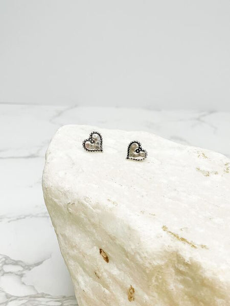 Hammered Matte Silver Heart Stud Earrings