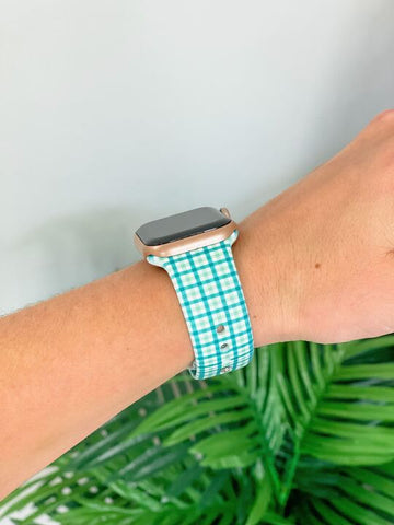 Preppy Green Plaid Printed Silicone Smart Watch Band